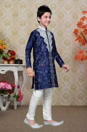 Navy Blue Art Silk Kids Kurta Pyjama For Boys