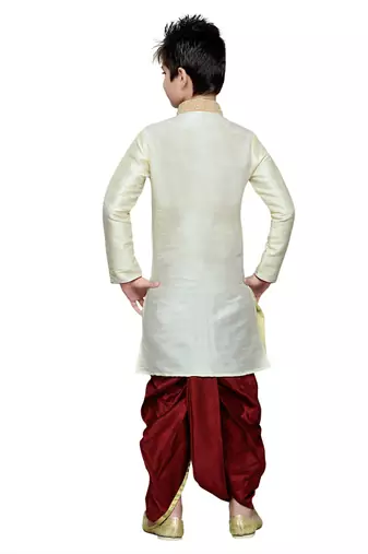 Cream Art Silk Kids Kurta Pyjama For Boys