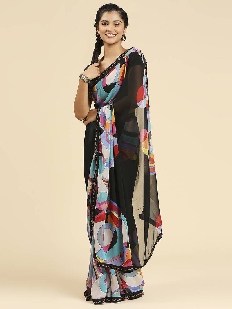 Laxmipati Georgette Black Saree with Unstitched Blouse Laxmipati