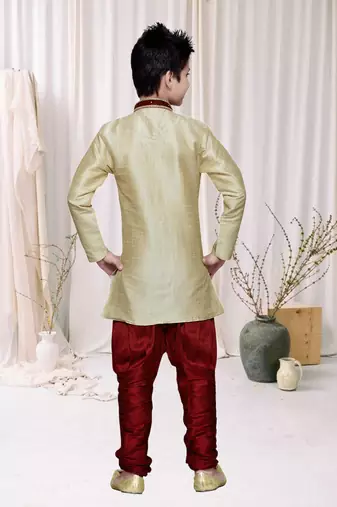 Gold Art Silk Kids Kurta Pyjama For Boys