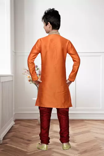 Orange Art Silk Kids Kurta Pyjama For Boys