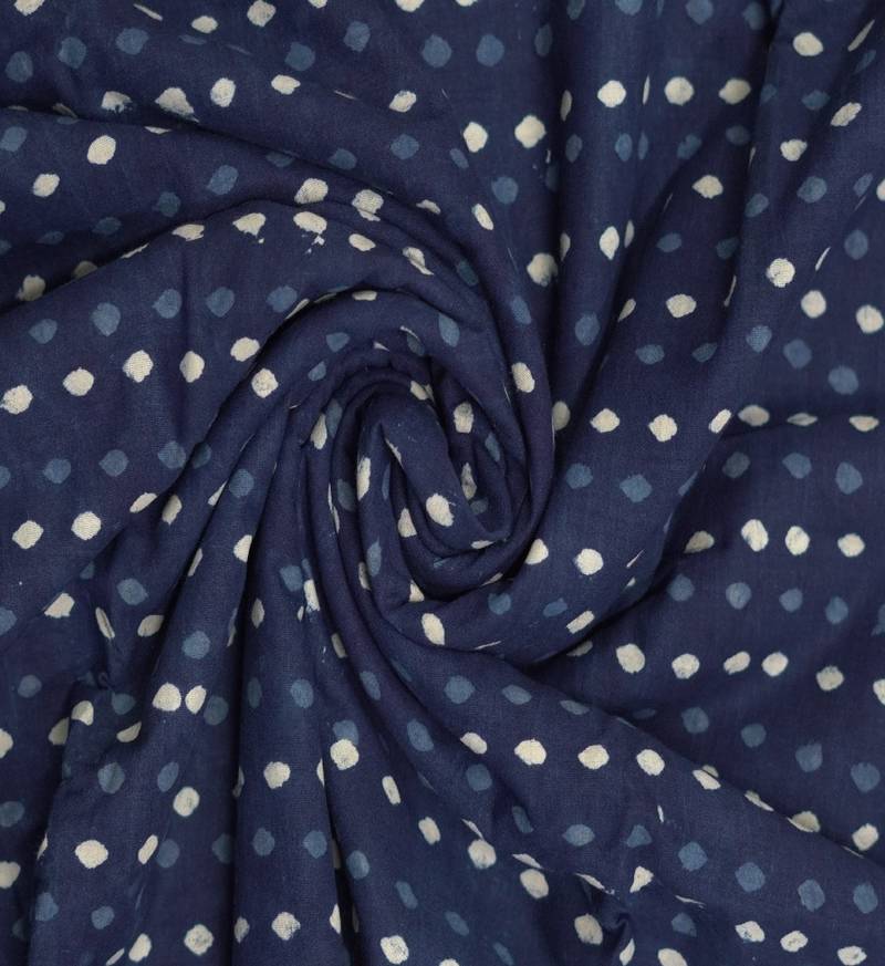 Blue With White Dotted Printed Dabu Cotton Print Unstitched Fabric Material- 2.5 Meter