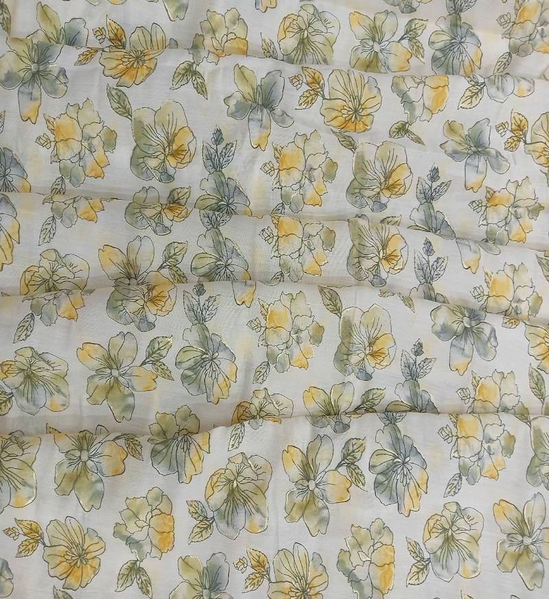 Yellow With Green, White Shades Florals Printed Muslin Print Unstitched Fabric Material - 2.5 Meter