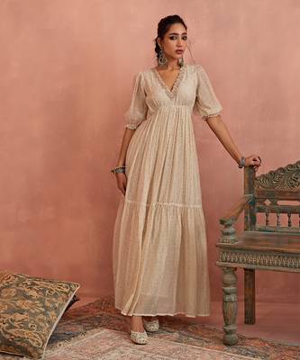 Ivory block printed floral maxi dress 1