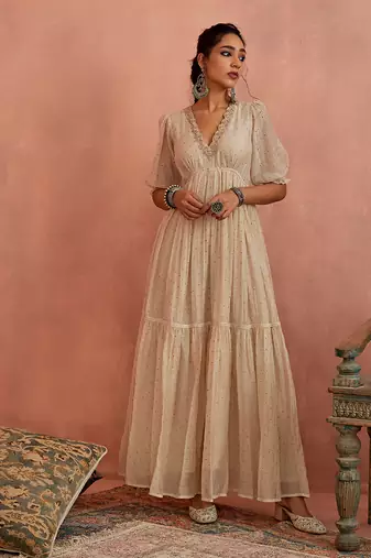 Ivory block printed floral maxi dress