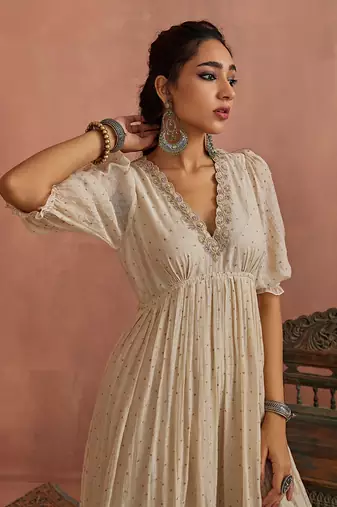 Ivory block printed floral maxi dress