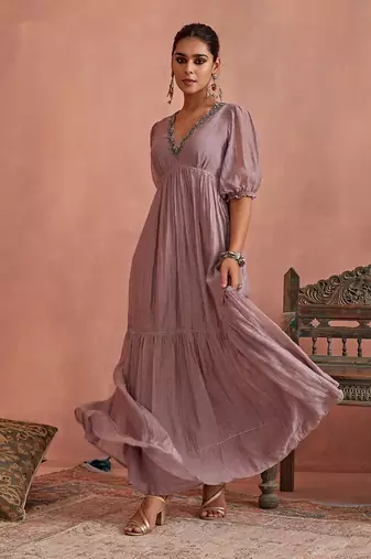 Mauve block printed floral maxi dress