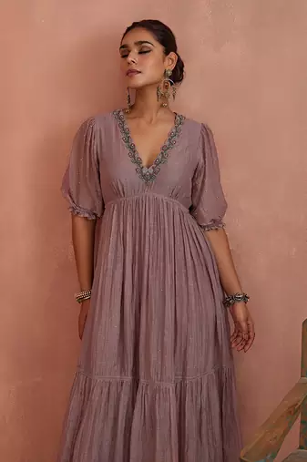 Mauve block printed floral maxi dress