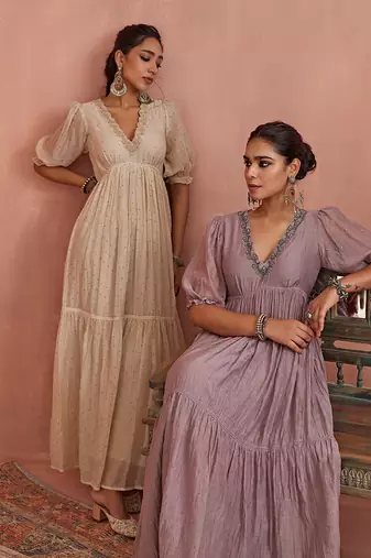 Mauve block printed floral maxi dress