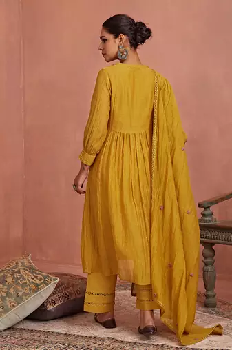 Mustard flower embroidery kurta set