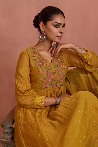 Mustard flower embroidery kurta set
