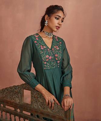Teal multi thread emroidery angrakha tunic 5