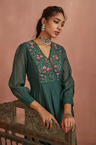 Teal multi thread emroidery angrakha tunic