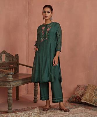 Teal floral emroidered tunic set 1