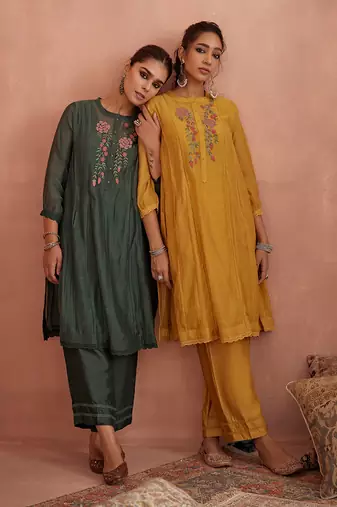Teal floral emroidered tunic set