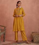 Yellow floral emroidered tunic set