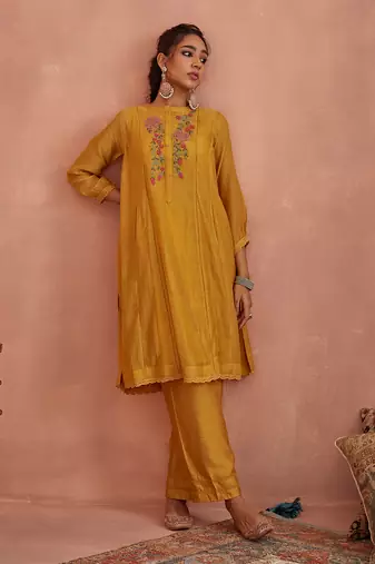 Yellow floral emroidered tunic set