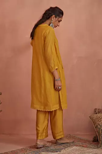 Yellow floral emroidered tunic set
