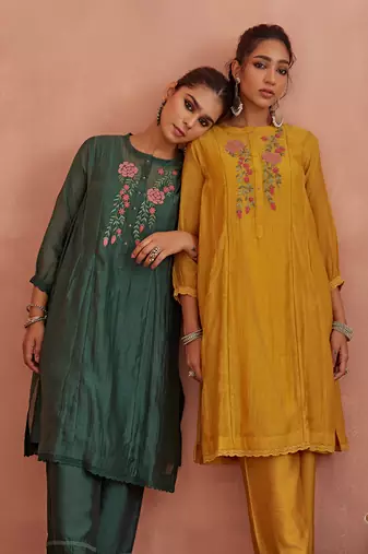Yellow floral emroidered tunic set