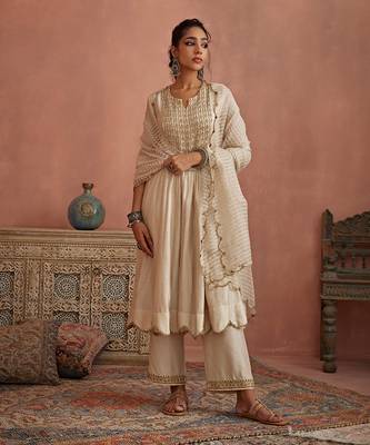 Ivory metal hand embroidered anarkali set 1