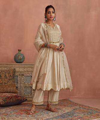 Ivory metal hand embroidered anarkali set 2