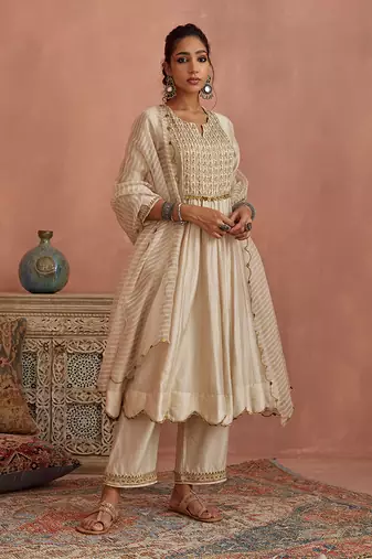 Ivory metal hand embroidered anarkali set