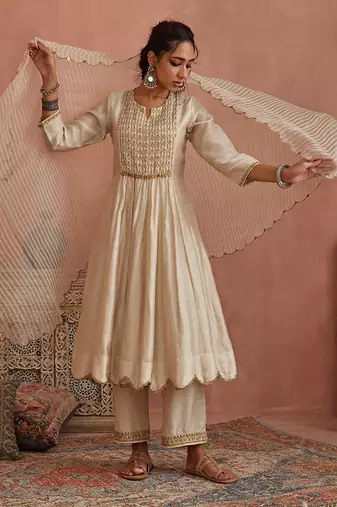 Ivory metal hand embroidered anarkali set