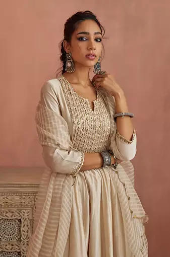 Ivory metal hand embroidered anarkali set