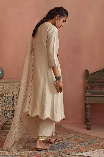 Ivory metal hand embroidered anarkali set