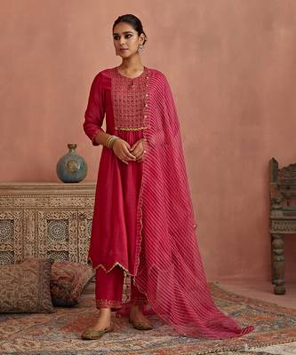 Magenta metal hand embroidered anarkali set 1