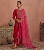 Magenta metal hand embroidered anarkali set