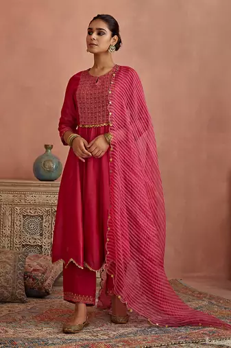 Magenta metal hand embroidered anarkali set