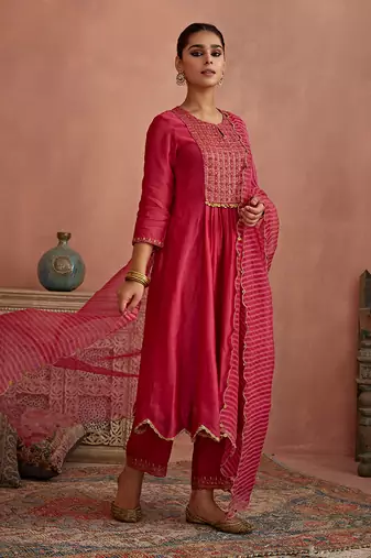 Magenta metal hand embroidered anarkali set