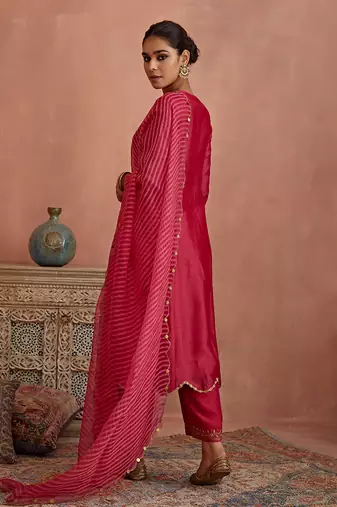 Magenta metal hand embroidered anarkali set