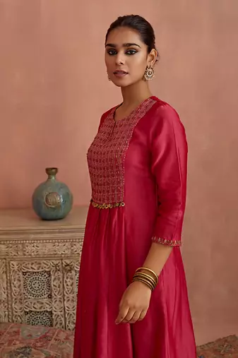 Magenta metal hand embroidered anarkali set