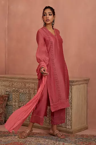 Coral flower lace kurta set