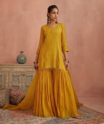 Yellow thread embroidered gharara set 1