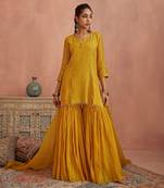 Yellow thread embroidered gharara set