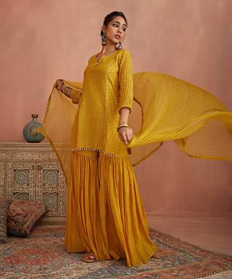 Yellow thread embroidered gharara set 2