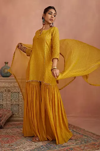 Yellow thread embroidered gharara set