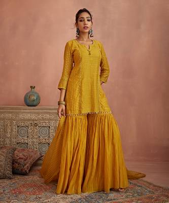 Yellow thread embroidered gharara set 3