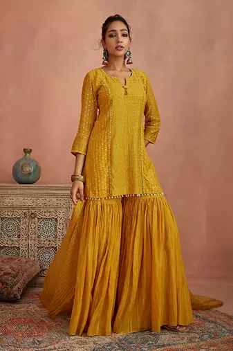 Yellow thread embroidered gharara set
