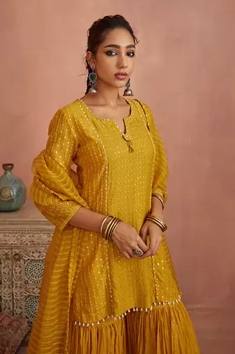 Yellow thread embroidered gharara set