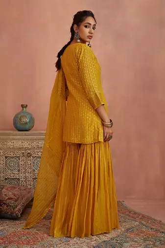 Yellow thread embroidered gharara set
