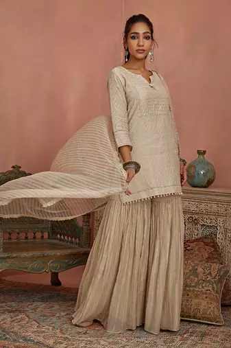 Ivory thread embroidered gharara set