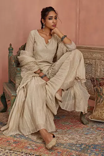 Ivory thread embroidered gharara set