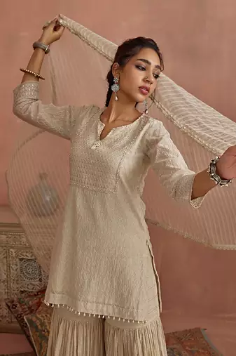 Ivory thread embroidered gharara set