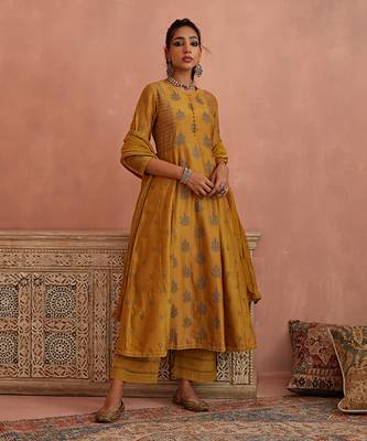 Mustard thread embroidered a line kurta set 1