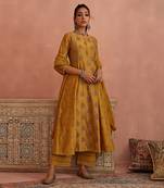 Mustard thread embroidered a line kurta set