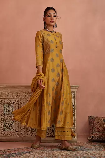 Mustard thread embroidered a line kurta set